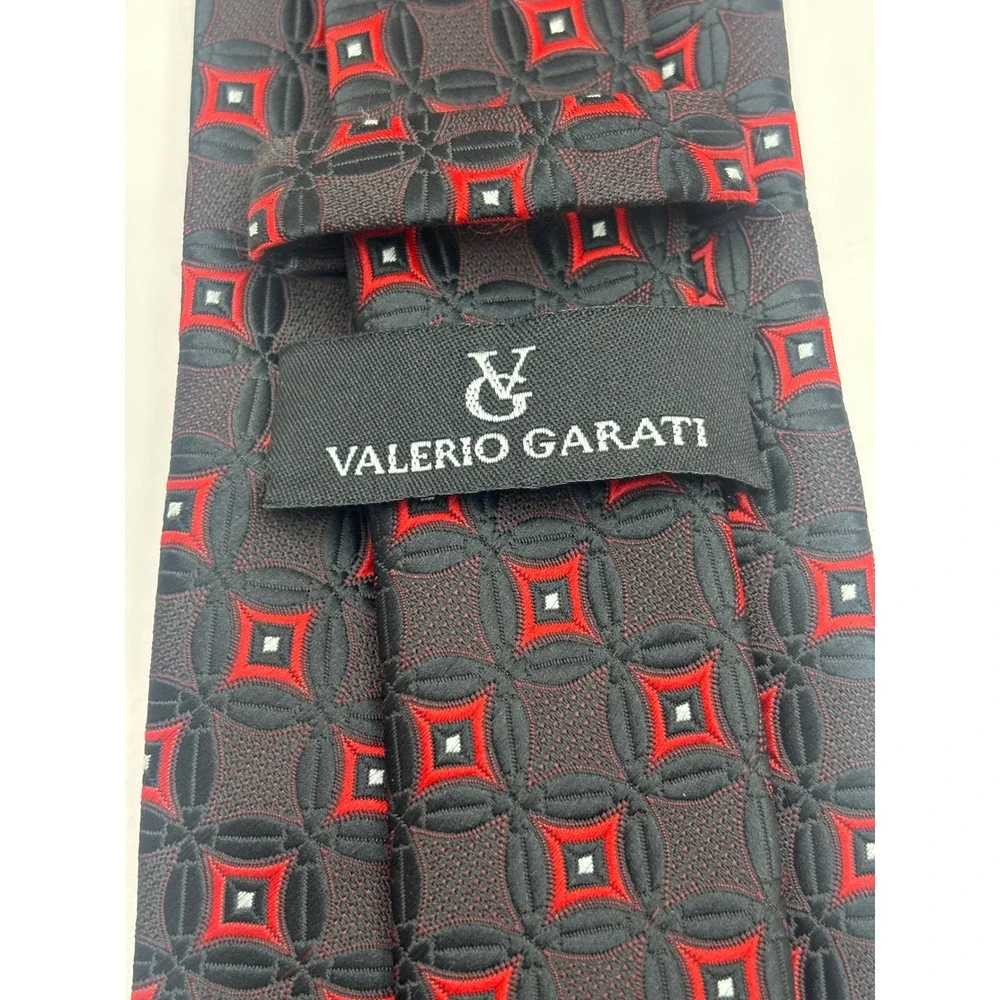 Valerio Garati Mens Geometric Necktie Red Black White Diamond Pattern Hand Made